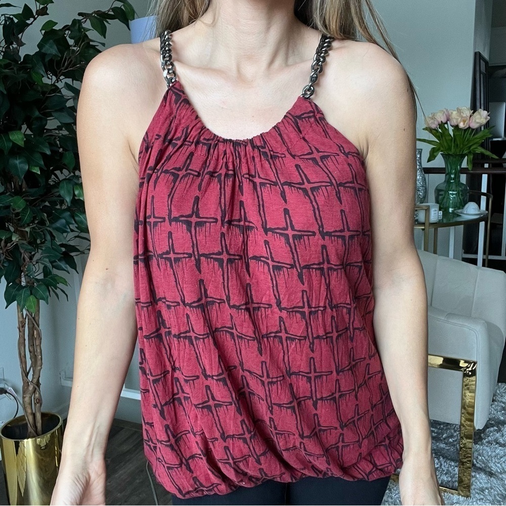 Religion Women’s Burgundy Cross Black Print Elastic Hem Chain Straps Top Size 2
